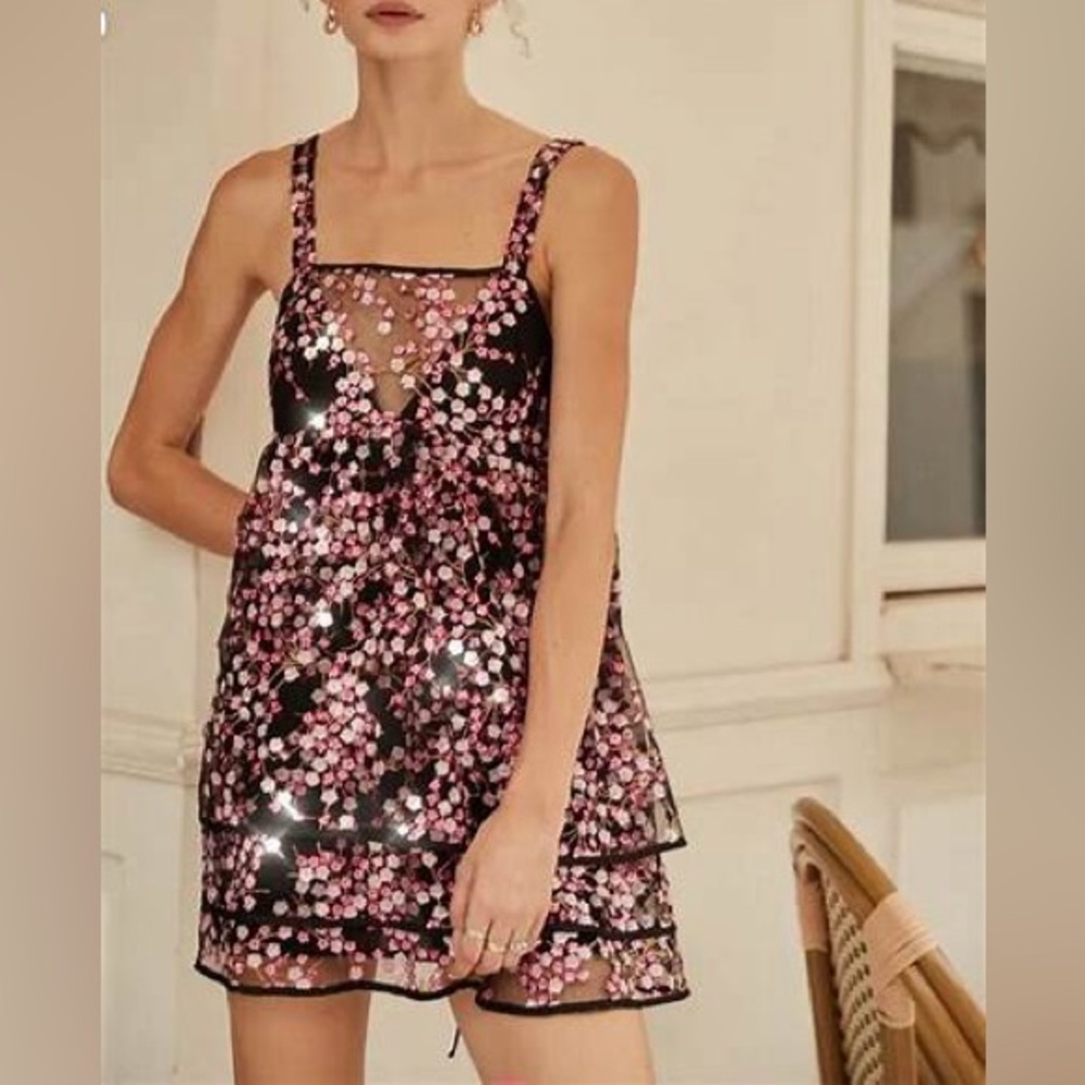 For Love & Lemons Black Sheer Sequin Cherry Blossom Sleeveless Mini Dress Sz S